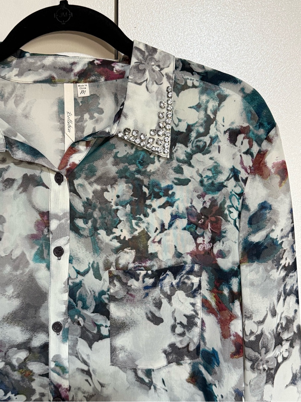 Bellatrix Floral Blouse Sheer Embellished Collar Button Down Medium - Picture 7 of 16